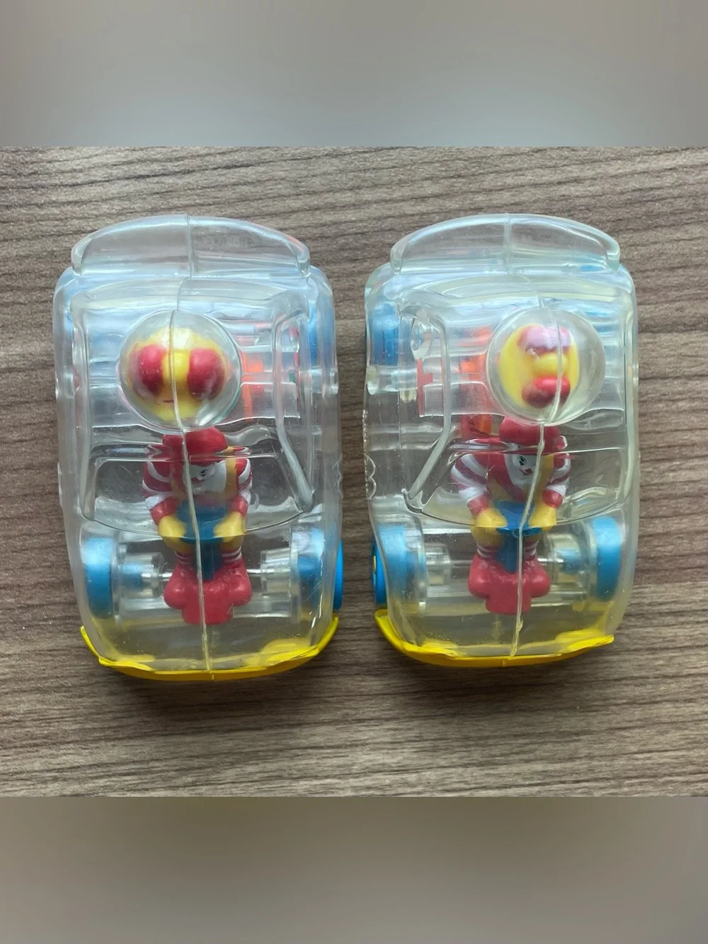 Vintage 1996 McDonald's Ronald McDonald Clear See-Thru Gear Cars Lot of 2